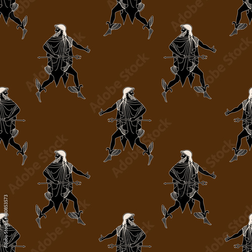 Seamless ethnic pattern with silhouettes of ancient Greek god Hermes or Mercury. On brown background.