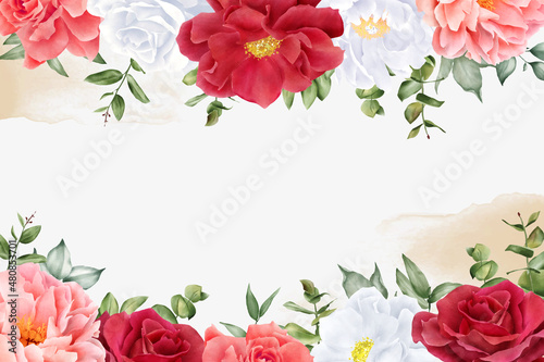 Fototapeta Naklejka Na Ścianę i Meble -  Elegant Watercolor Floral Background Design with Hand Drawn Peony and Leaves