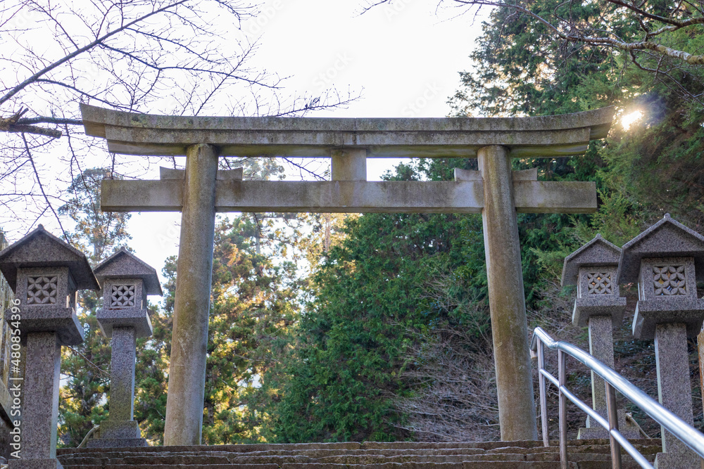 神社の参道に立つ大きな石の鳥居 神社の参道に立つ大きな石の鳥居