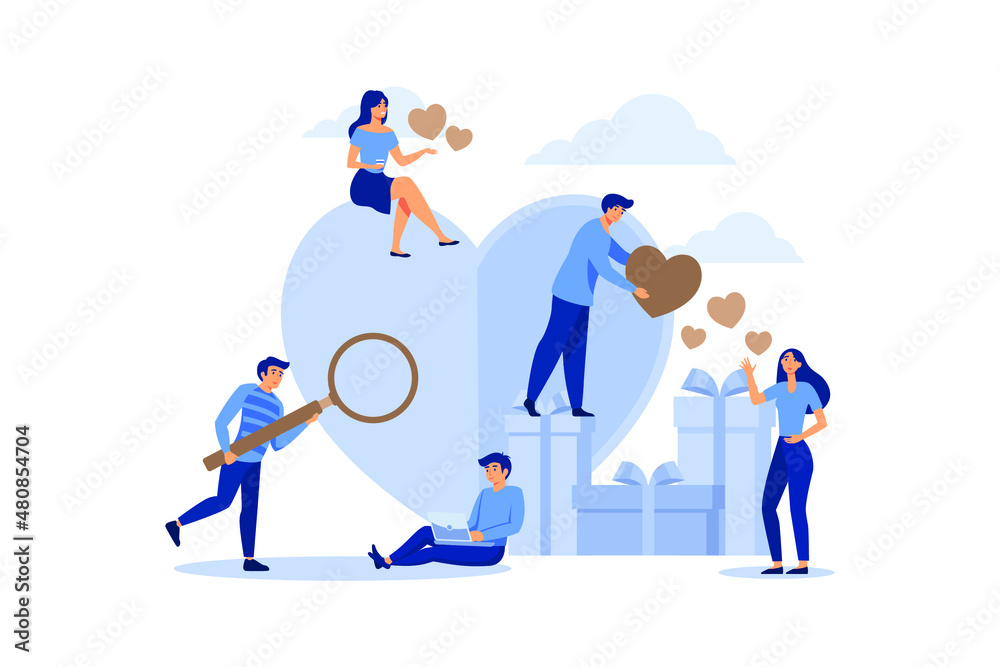 preparation for Valentine's Day, teamwork, big heart, love holiday symbol flat vector illustration preparation for Valentine's Day, teamwork, big heart, love holiday symbol flat vector illustration