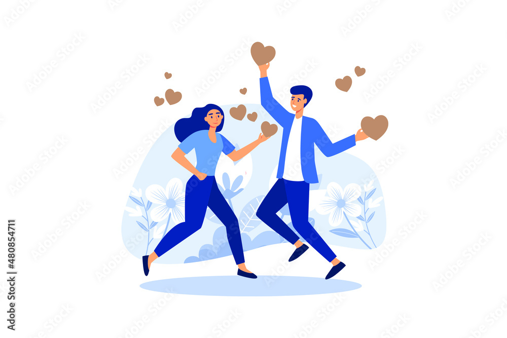 holiday Valentine's Day, communication and acquaintance, couple in love and hearts flat vector illustration holiday Valentine's Day, communication and acquaintance, couple in love and hearts flat vector illustration