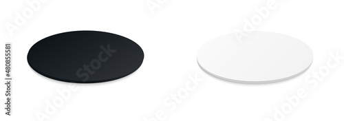 Circle beer coaster. Empty black and white mockup. Pprotection coaster for beer glasses, tea cups isolated on white background. Branding template vector illustration.