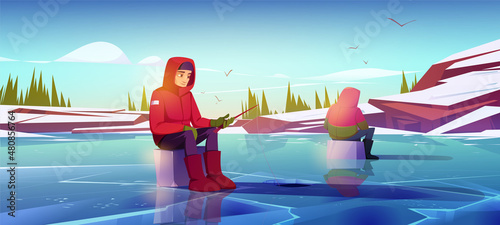 Winter ice fishing with men holding rods, wear warm clothes, sitting on boxes catching fish on frozen pond surface with holes. Male characters wintertime hobby, recreation, Cartoon vector illustration
