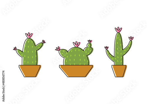 Cactus stock vectors - Vector set of bright cacti, aloe and leaves. Collection of exotic plants. Decorative natural elements are isolated on white - Cactus with flowers