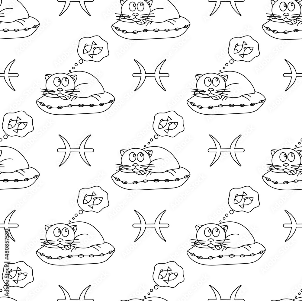 Pisces zodiac sign in the form of cute cat seamless pattern. Line art on white background. Vector illustration