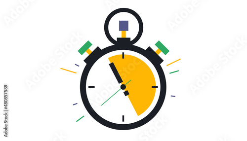 Colorful stopwatch. Time, timer, clock, stopwatch, arrows, buttons, sparks, sign, icon. Vector illustration isolated on white background.