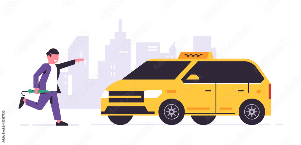 Online taxi ordering service. A driver in a yellow taxi, a passenger, transportation of people. Running businessman with umbrella, city, cab. Vector illustration isolated on background. Online taxi ordering service. A driver in a yellow taxi, a passenger, transportation of people. Running businessman with umbrella, city, cab. Vector illustration isolated on background.