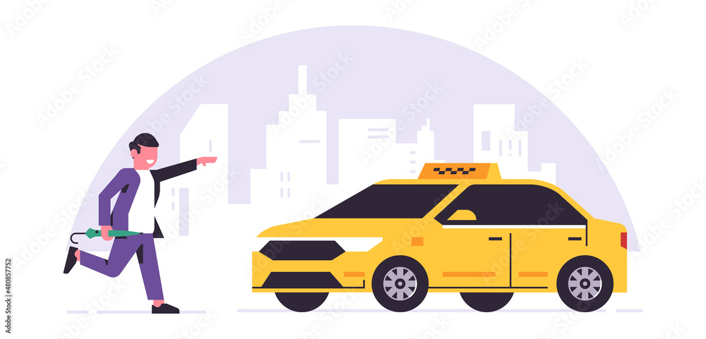 Naklejka premium Online taxi ordering service. A driver in a yellow taxi, a passenger, transportation of people. Running businessman with umbrella, city, cab. Vector illustration isolated on background.