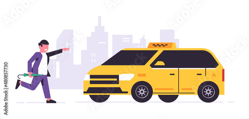 Online taxi ordering service. A driver in a yellow taxi, a passenger, transportation of people. Running businessman with umbrella, city, cab. Vector illustration isolated on background.