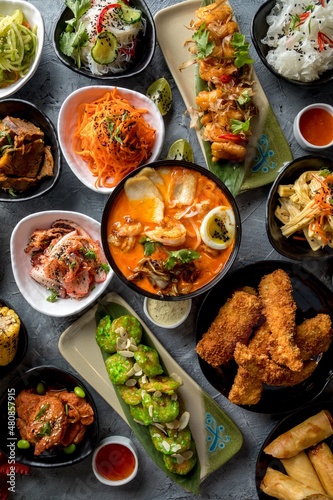Assorted pan-Asian dishes. Fast food restaurant menu.