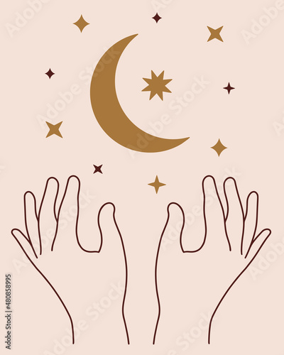 Moon and stars fly over two female hands. Vector icon symbol of astrology, astronomy, magic, space. Creation of the crescent and planets. Boho sign, clipart for decoration, cosmetics design, web