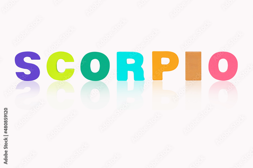 Name SCORPIO is in 12 Zodiac isolated on white background. Colorful wooden alphabets set sort. English letter made of wood arrange alphabet as categorize suitable for children. Poster, banner design. Name SCORPIO is in 12 Zodiac isolated on white background. Colorful wooden alphabets set sort. English letter made of wood arrange alphabet as categorize suitable for children. Poster, banner design.