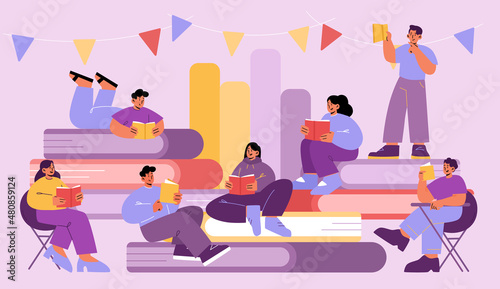Young people read books in library. Students study in school, college or university. Vector flat illustration of men and women sitting on stack of big books and reading