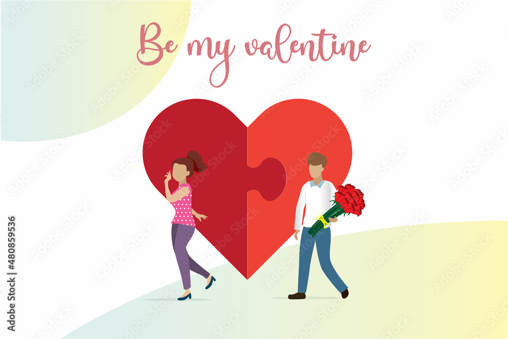 Happy Valentine's day, love and romantic, sweet relationship couple concept. Young man giving red roses to woman with jigsaw puzzle connecting in heart shape. Happy Valentine's day, love and romantic, sweet relationship couple concept. Young man giving red roses to woman with jigsaw puzzle connecting in heart shape.