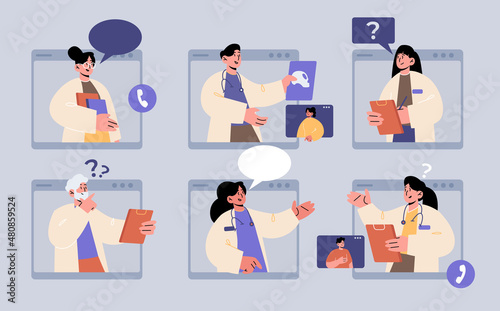 Online medicine service with doctors on computer screen. Vector flat illustration of internet healthcare consultation with medical specialist from hospital or clinic
