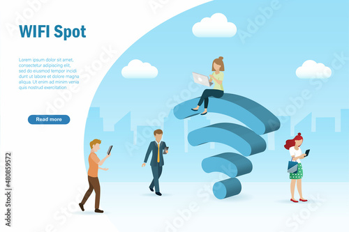 People finding free wifi hotpot in public area for connecting to laptop computer and smartphone. Free internet wifi, wireless connecting technology for portable devices concept.