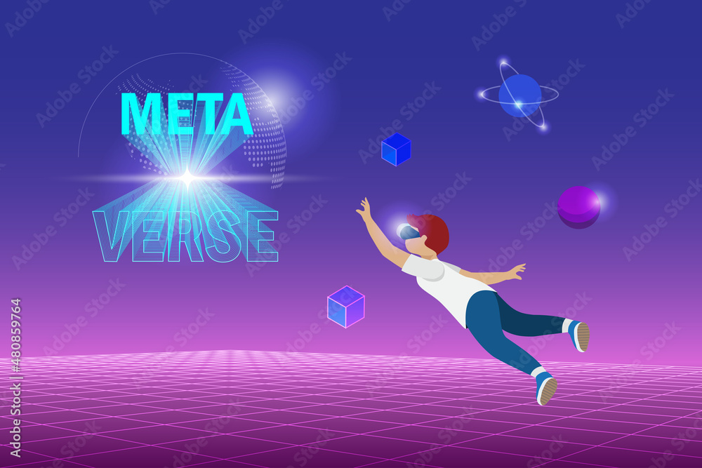 Metaverse gaming. Teenager wear VR goggle glass experience 3D virtual reality game in metaverse universe futuristic environment. Visualisation and simulation game technology concept.