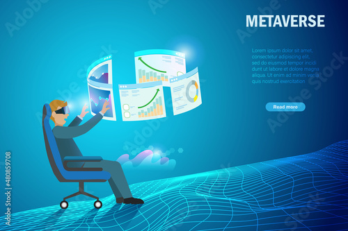 Metaverse in business workplace virtual reality environment. Businessman wear VR goggle glass experience 3D analysing graph chart metaverse in futuristic background.