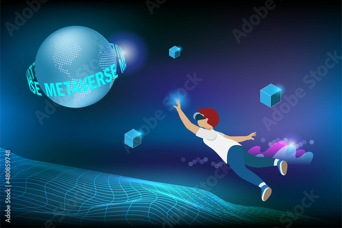 Metaverse gaming. Teenager wear VR goggle glass experience 3D virtual reality game in metaverse universe futuristic environment. Visualisation and simulation game technology concept.