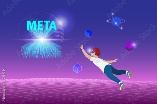 Metaverse gaming. Teenager wear VR goggle glass experience 3D virtual reality game in metaverse universe futuristic environment. Visualisation and simulation game technology concept.