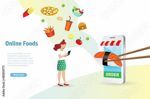 Woman online oder food on smart phone with virtual reality foods. Online foods and drink delivery, shopping service and e-commerce internet mobile application.