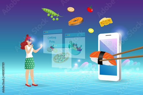 Metaverse in cooking food virtual reality environment. Woman wear VR goggle glass enjoy 3D experience cooking menu on smart phone metaverse screen device