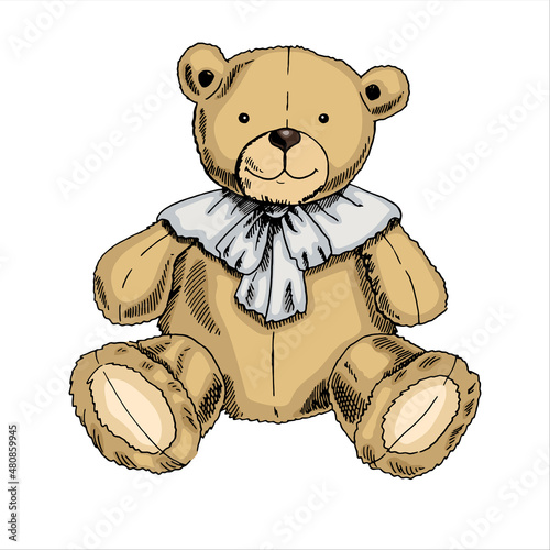 A hand-drawn ink sketch of a vintage toy. Teddy bear toy. Outline on a white background, vintage vector illustration.
