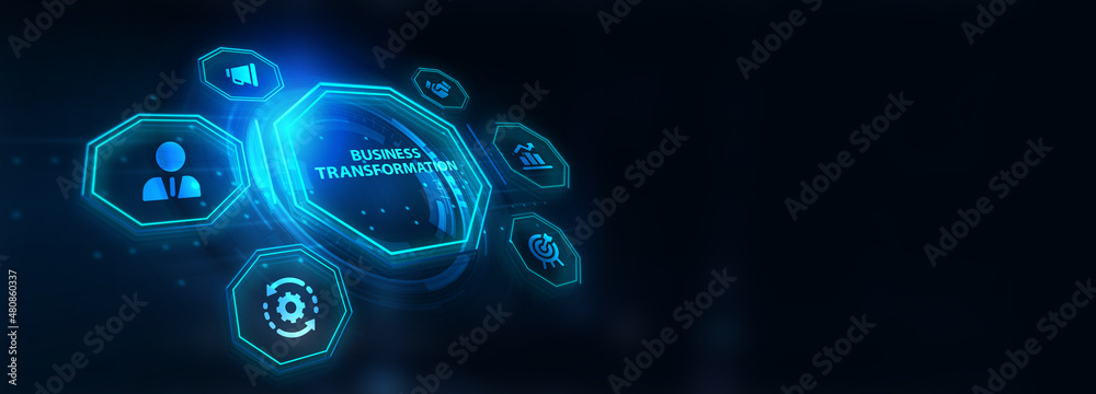 The concept of business, technology, the Internet and the network. virtual screen of the future and sees the inscription: Business transformation 3d illustration The concept of business, technology, the Internet and the network. virtual screen of the future and sees the inscription: Business transformation 3d illustration