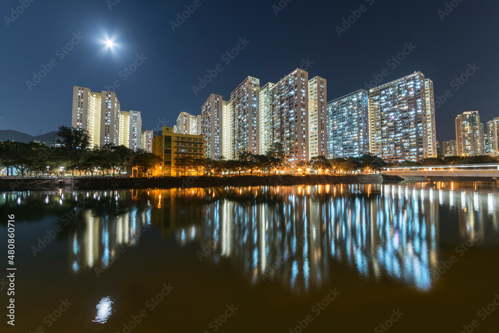 High rise residential building of public estate in Hong Kong city at night