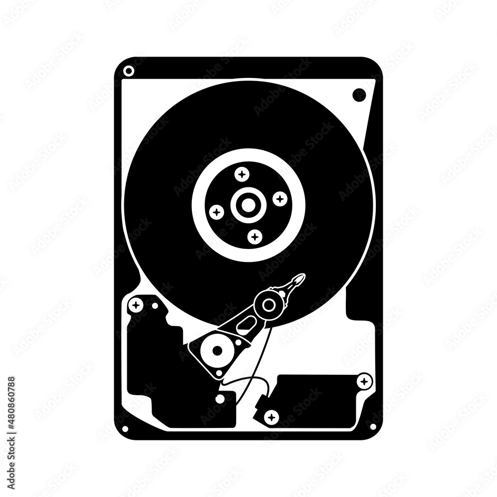 The hard disk icon is a black silhouette. A storage device based on the principle of magnetic recording, designed for storing data, files and programs. Vector illustration isolated.