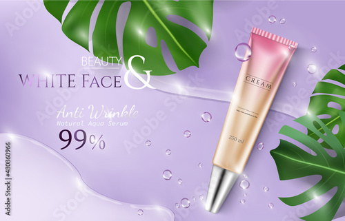 natural skin care products with liquid elements and isolated leaves on glittering water surface background in 3d illustration