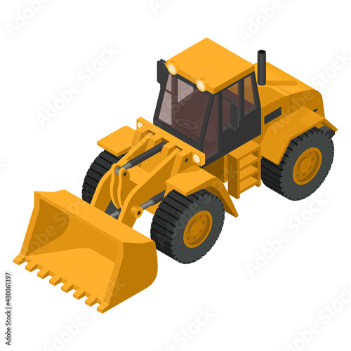 isometric heavy machinery with yellow front loader on a white background for construction and mining