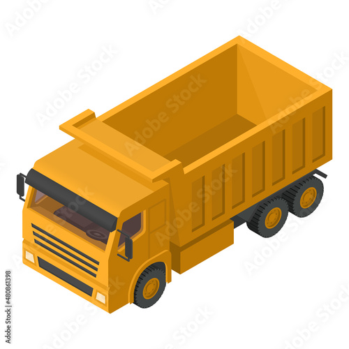 yellow heavy machinery with isometric dump truck front view on white background