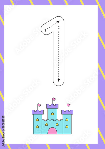 Cute flashcard how to write number one. Worksheet for kids.