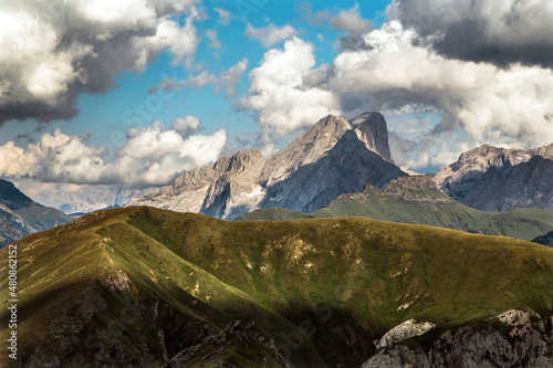 Passo Dona with Sasslong and Sasso Piatto dolomite panorama  Trentino