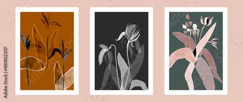 Contemporary botanical prints wall art. Abstract art background with flower line art and tropical leaves. watercolor canvas frame design for prints and home decor. Vector illustration.