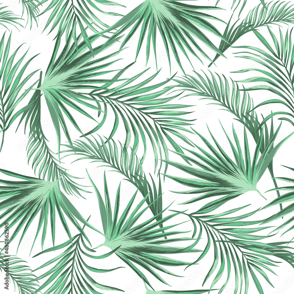 Tropical illustration with palm leaves. Jungle wallpaper with exotic plants. Summer tropical leaf background. Summer foliage print. Pattern design.
