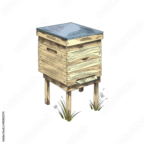 Hand drawn wooden beehive in colored sketch style, vector illustration isolated on white background.