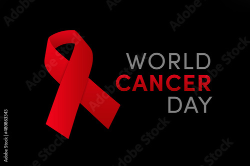 World Cancer Day, 4 february. Red ribbon awereness symbol on black background, poster or banner photo