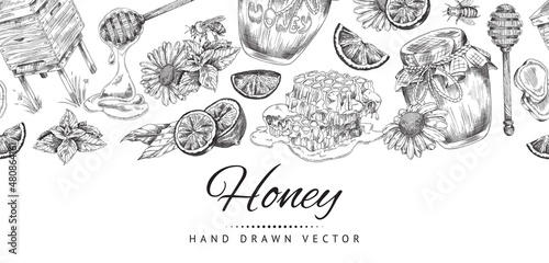 Honey repeatable hand drawn background with jars of honey, vector illustration.