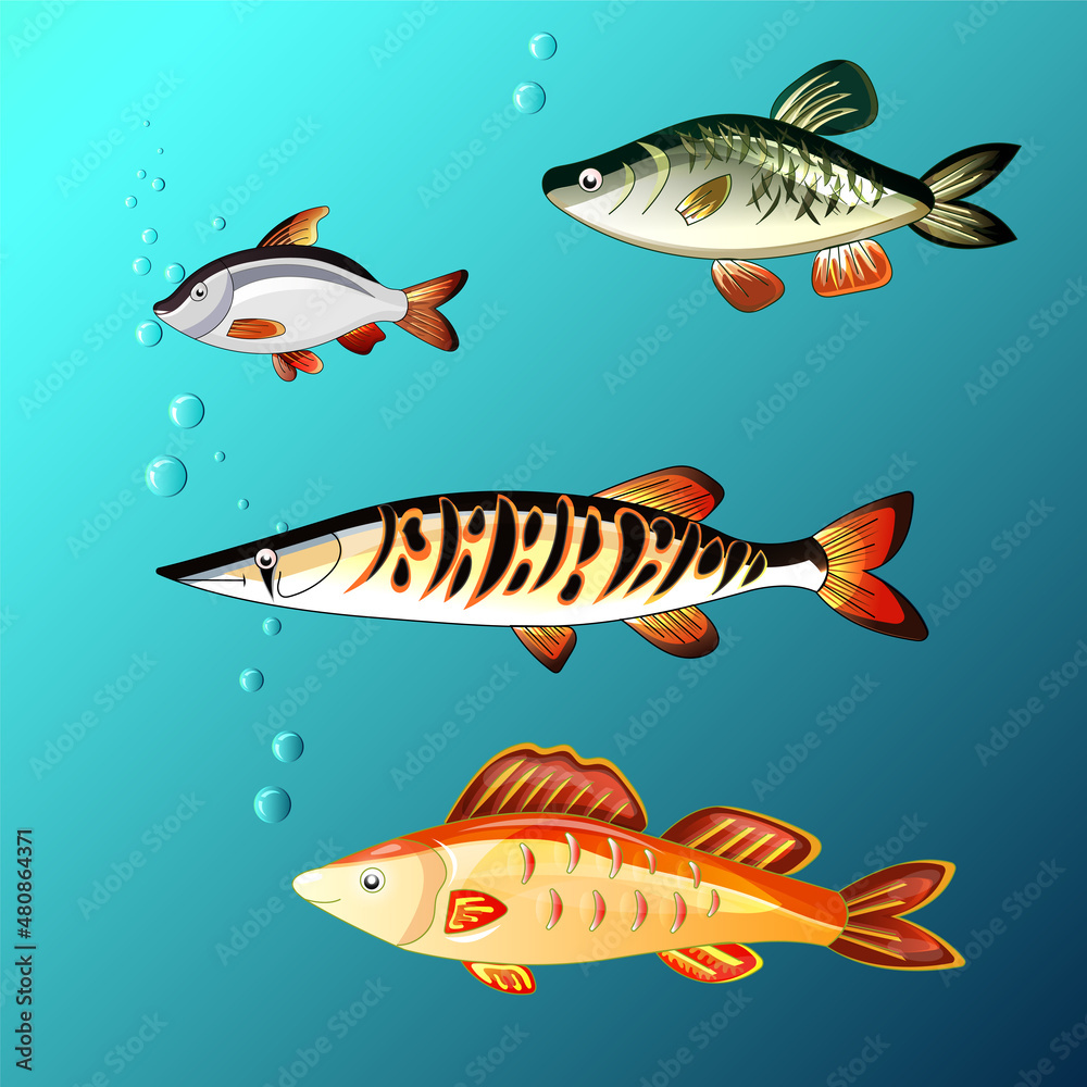 Set of beautiful fish. Aquarium. Sea life. Vector illustration