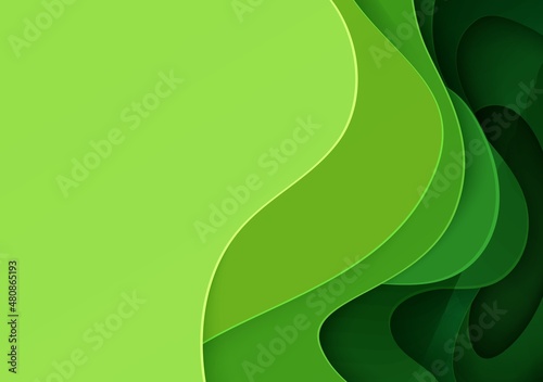 Abstract green background in paper cut style. 3d layout wallpaper cut out from cardboard. Modern template with abstract curve shapes. Vector environmental card with papercut waves for business poster.