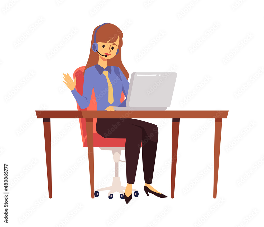 Happy woman with headset and laptop greets customers, flat vector illustration isolated on white background. Happy woman with headset and laptop greets customers, flat vector illustration isolated on white background.