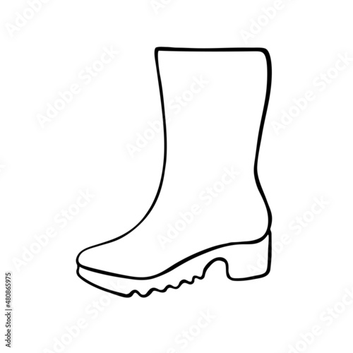 Vector outline rubber rain boot for rainy weather or gardening. Hand drawn element of clothes, clip art in doodle style, isolated