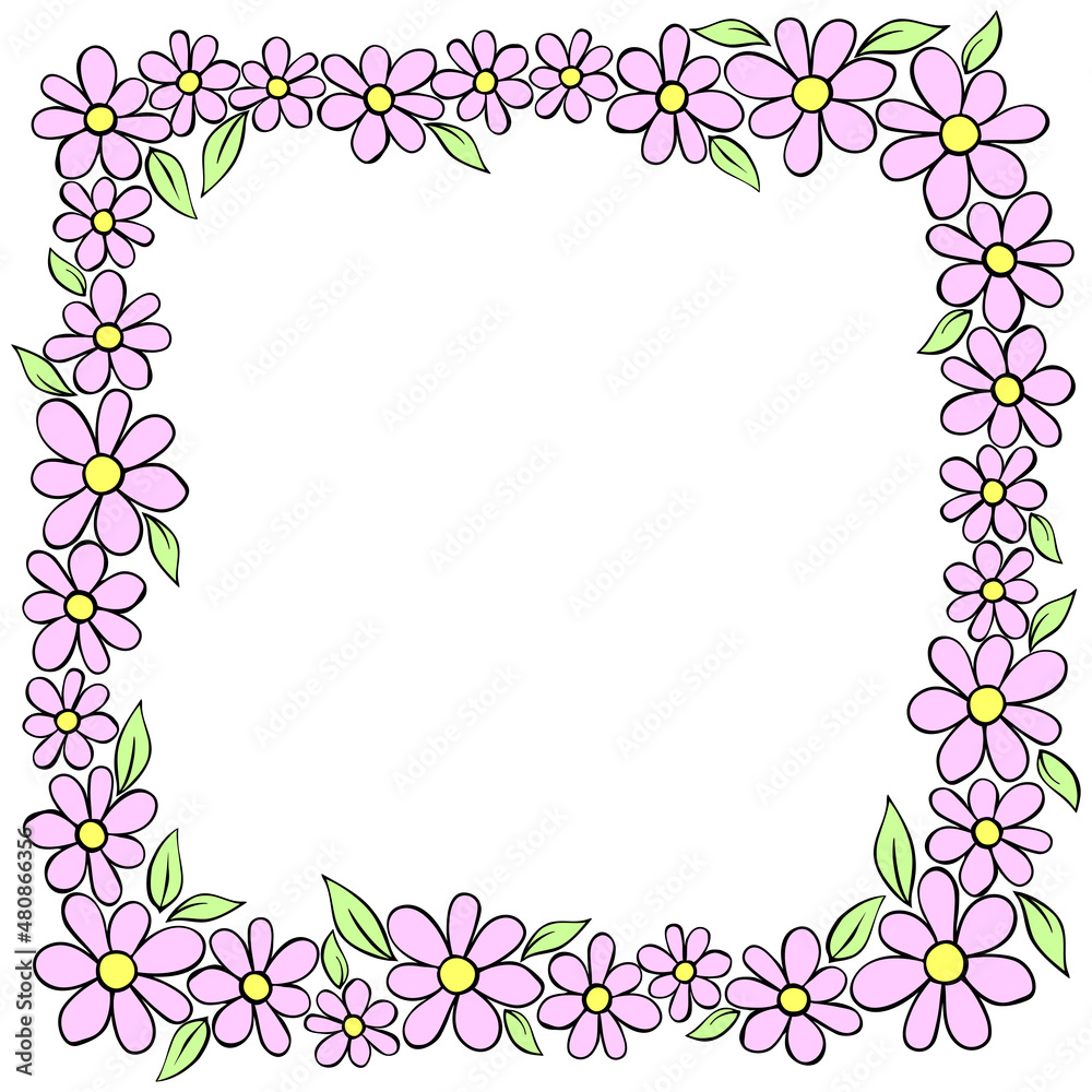 Vector hand drawn square frame, border from color small flowers in doodle style. Cute simple primitive background, decoration for invitation, greeting card, wedding