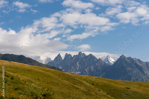 Amazing view from the Tskahazagari peak on the sharp Svaneti mountain peaks near Mestia in the Greater Caucasus Mountain Range, Upper Svaneti, Country of Georgia.Hiking trail to the Koruldi Lakes. © Chris