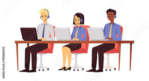 Call center or telemarketing operators team, flat vector illustration isolated.