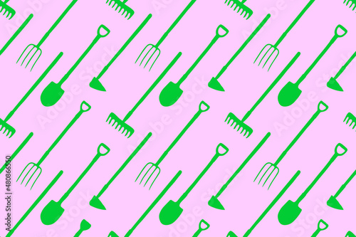 Seamless pattern with garden equipments: shovels, spades, rakes, hoes, pitchforks. Vector backgrounds and textures with tools for working on the farm, in dacha, country site in flat style