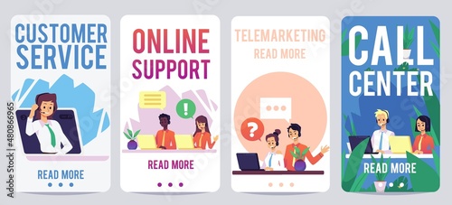 Customer online service onboarding screens slides with people in headset and laptop, flat vector illustration. photo
