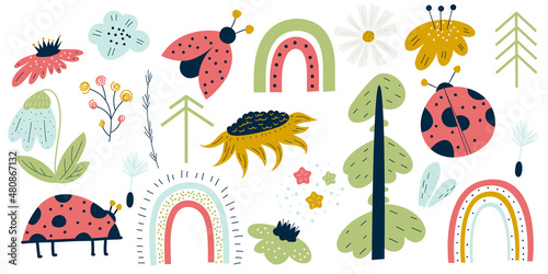 Spring scandinavian clipart with ladybug, camomile, snowdrop, dandelion isolated on white background.Nordic insects with flowers and rainbows for children's summer design. Fflat vector illustration.